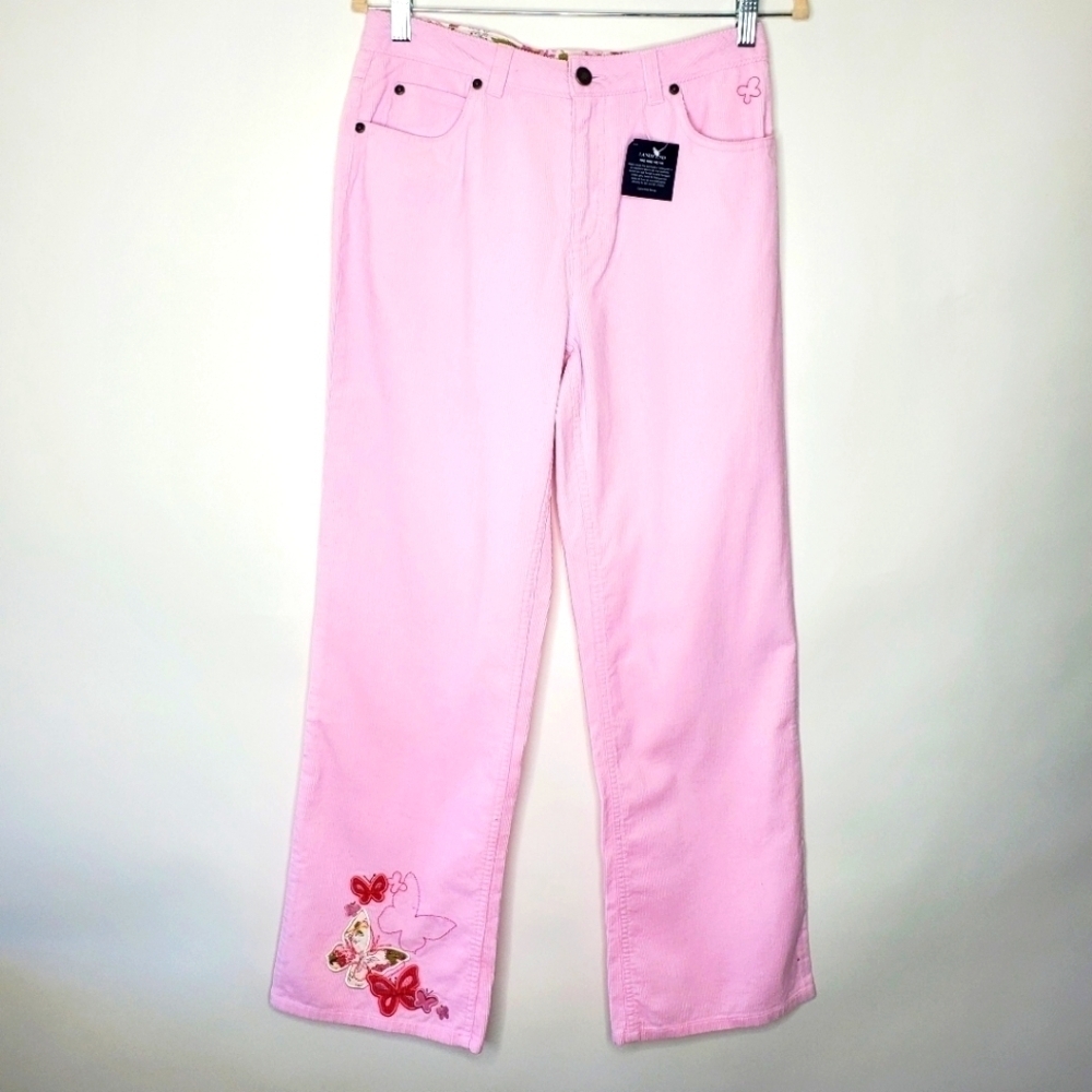 Lands' End Corduroy Pants Girl's Size 16 Pink Butterfly‎ Embroidered Cotton NEW